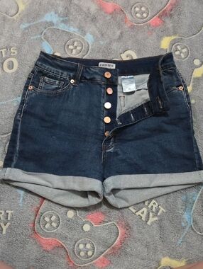 Fashion Nova Dark Blue High-Rise Button-Front Rolled Hem Jean Shorts